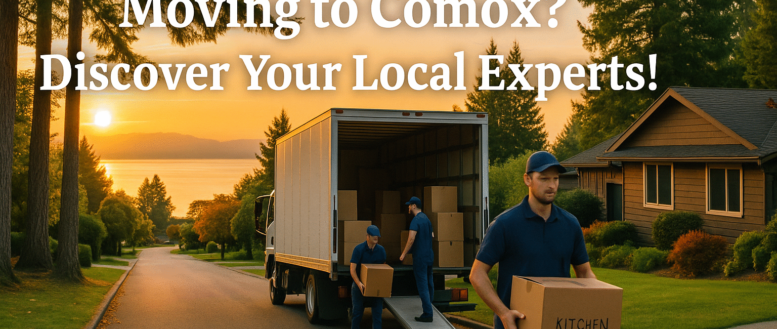 Professional movers unload a truck on a calm Comox street with ocean and mountain views in the background.