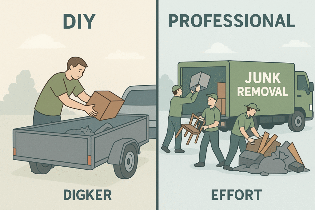 Side by side comparison of DIY and professional junk removal in Prince George highlighting effort vs efficiency