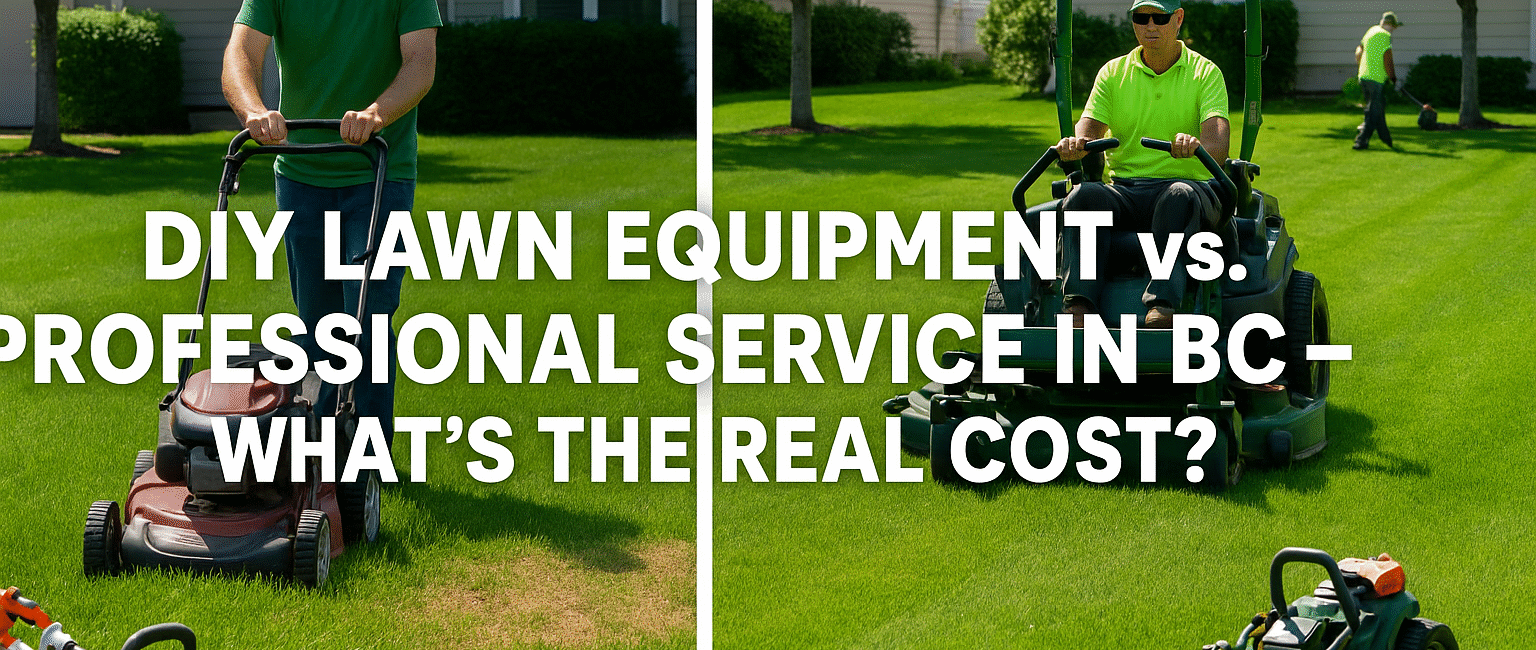 Split-image showing a homeowner with DIY lawn tools on one side and a professional lawn care crew on the other, representing the cost comparison in British Columbia