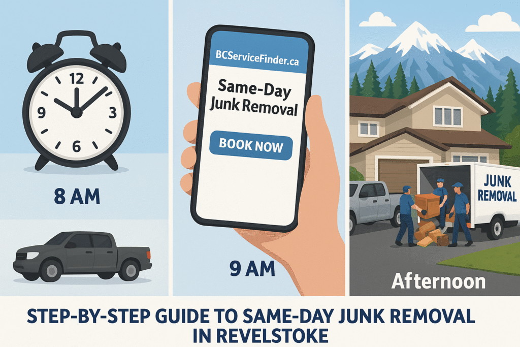 Step by step visual guide to same day junk removal booking in Revelstoke