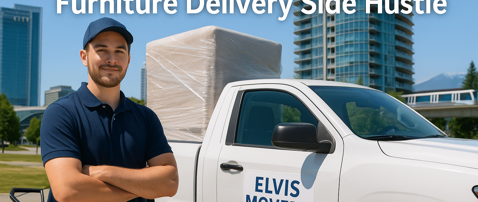 Surrey delivery driver with a loaded pickup truck in front of a condo, promoting furniture delivery as a side hustle.