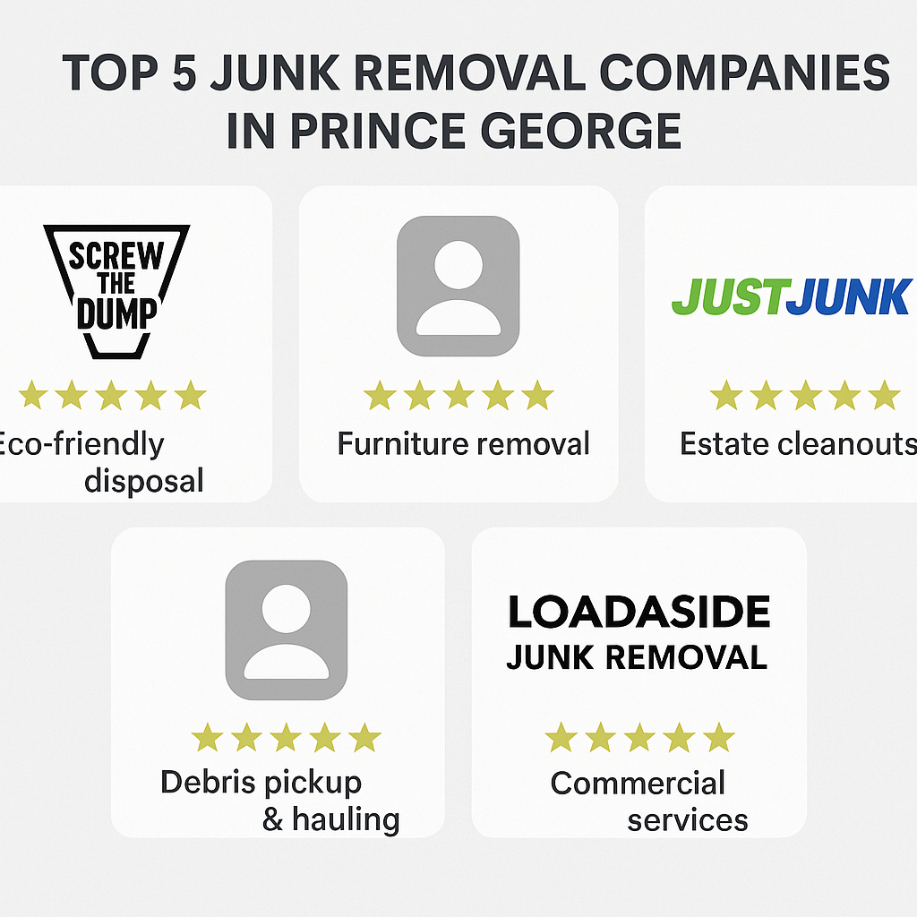 Top 5 Prince George junk removal companies displayed as cards with logos star ratings and key specialties