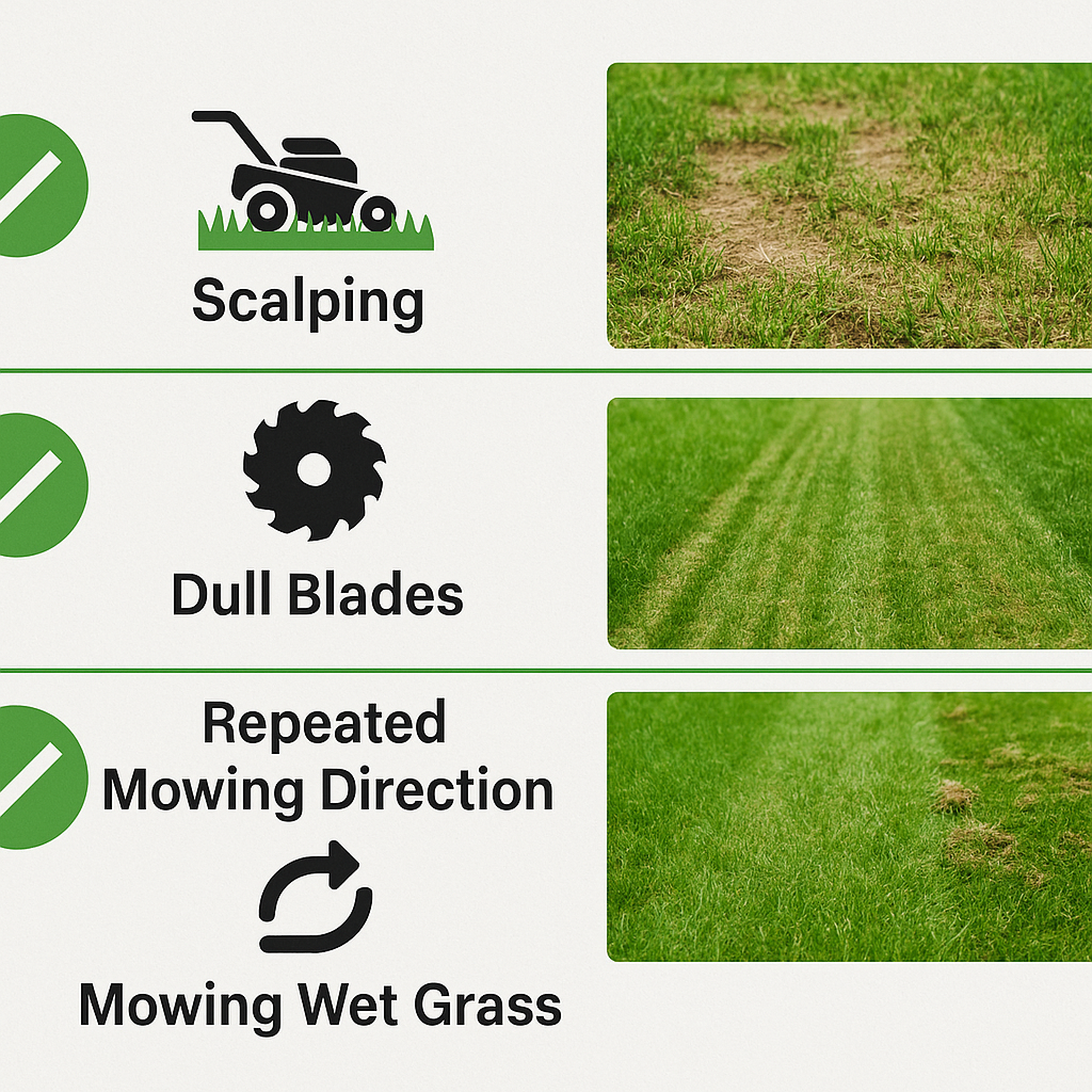 Why Your DIY Lawn Looks Patchy (And How Pros Fix It) π± 1 Visual checklist showing top mowing mistakes like scalping and mowing wet grass with icons and example images of the resulting lawn damage