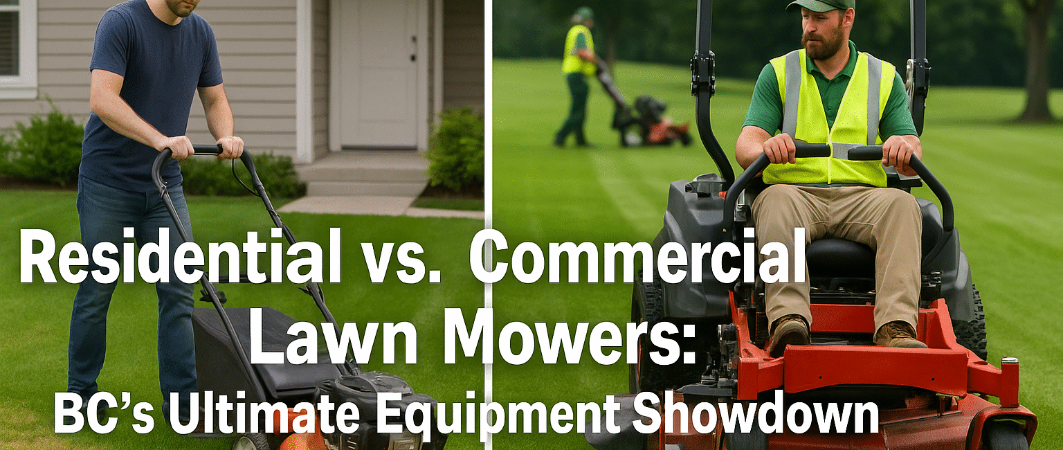 Visual comparison between a Surrey homeowner using a push mower and a professional crew with a zero-turn mower, highlighting the equipment gap in British Columbia