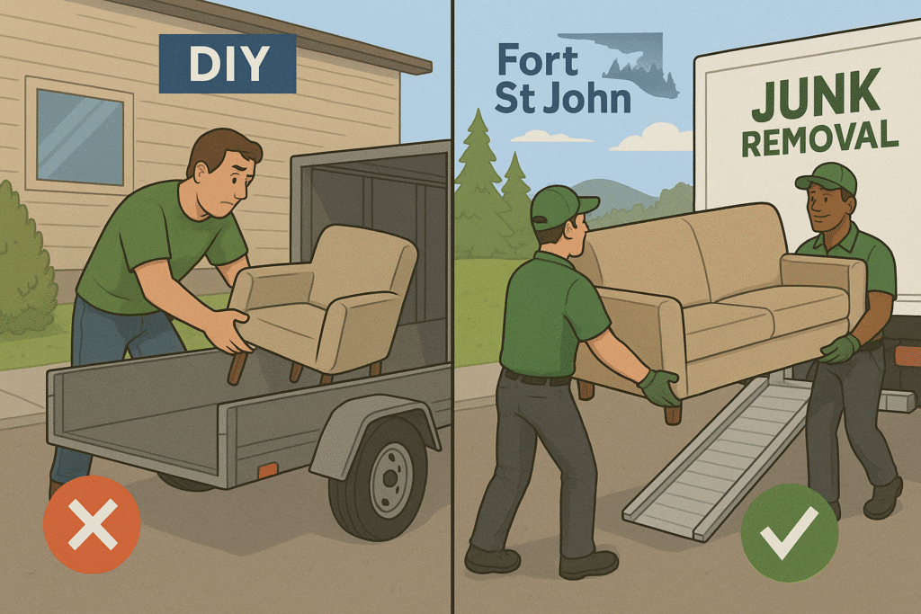 π Complete Guide to Junk Removal & Recycling Services in Fort St John, BC (2025) 3 Visual comparison of DIY vs professional junk removal in Fort St John with pros and cons illustrated