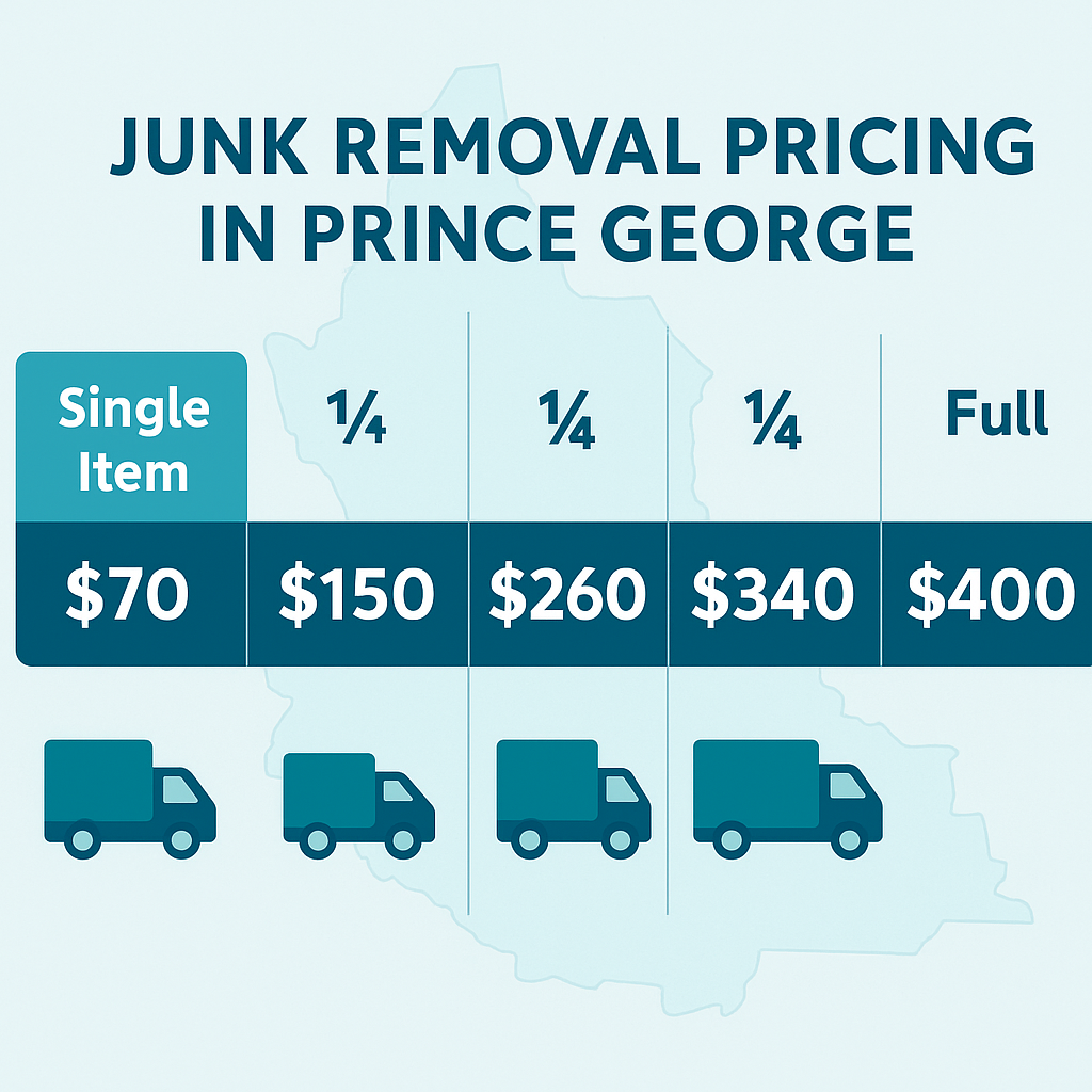 Visual cost chart for junk removal in Prince George showing tiered pricing by load size with a city outline backdrop 1