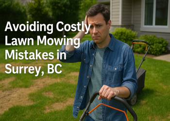 A Surrey homeowner looking concerned over brown patches and scalped areas on their lawn, with a mower in the background and bold text “Avoiding Costly Lawn Mowing Mistakes in Surrey, BC