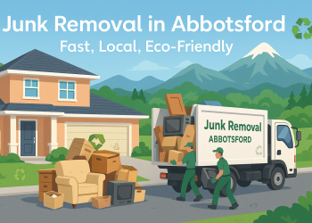 A junk removal truck loading items outside an Abbotsford home with Fraser Valley mountains in the background, illustrating professional decluttering services