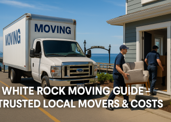 A moving truck at the waterfront in White Rock, BC, with movers loading furniture into a nearby home and the iconic pier in the background. Overlay text reads “White Rock Moving Guide – Trusted Local Movers & Costs.