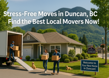 A moving truck outside a home in Duncan, BC, surrounded by trees and mountains, with a family unloading boxes during a sunny day.