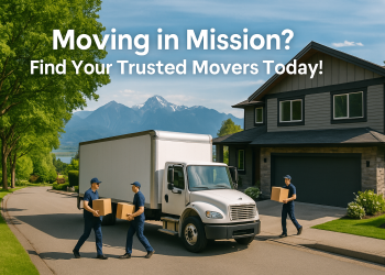 A moving truck parked outside a family home in Mission, BC, with green surroundings and mountains in the distance—symbolizing a well-organized, local move