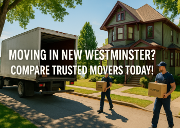 A moving truck parked outside a heritage-style home in New Westminster, BC, with Fraser River views and movers in action.
