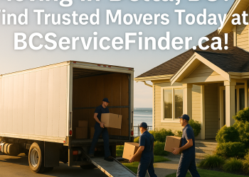 A moving truck unloading at a waterfront home in Delta, BC, with movers in action and Fraser River in the background, symbolizing a well-managed relocation.