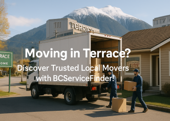 A professional moving truck outside a home in Terrace, BC, with Skeena Mountains in the distance and movers unloading boxes