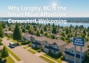 Aerial view of Langleyโs suburbs and future SkyTrain route under development