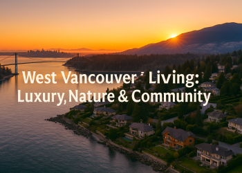 Aerial view of West Vancouver at sunset, showing coastal homes, Lions Gate Bridge, and Cypress Mountain.