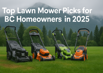 An array of modern lawn mowers displayed on a vibrant lawn with BC mountain scenery in the background. Bold overlay text reads