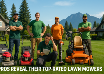 BC professional landscapers posing with their most trusted lawn mowers on a green lawn with mountains and homes in the background