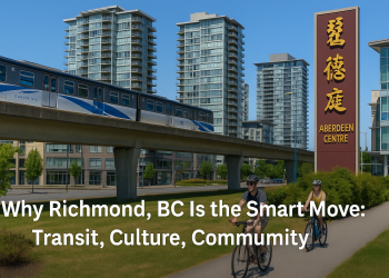 Canada Line transit crossing through central Richmond with urban skyline and cyclists.
