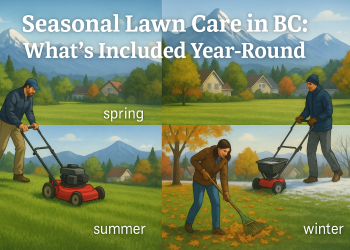 A four-panel landscape image depicting seasonal lawn care activities in British Columbia, with each quadrant representing spring, summer, fall, and winter maintenance tasks.