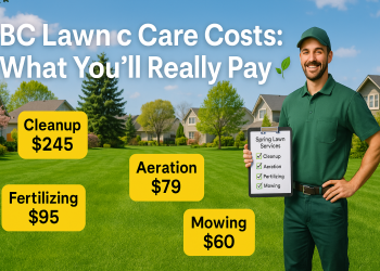 A lush BC lawn with pricing tags for various spring lawn services and a professional explaining options to a homeowner.