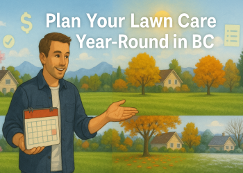 A homeowner planning lawn care with a seasonal calendar, highlighting a healthy lawn in all four seasons in a typical BC residential neighborhood.