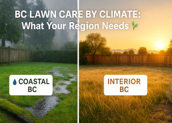 Side-by-side comparison of Coastal and Interior BC lawns showing regional climate challenges and appropriate lawn care strategies.