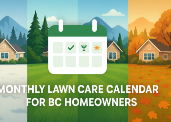 A four-season overview of a British Columbia residential lawn, overlaid with a monthly lawn care calendar graphic.