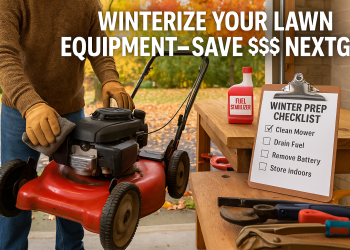 British Columbia homeowner preparing lawn mower and tools for winter storage with a checklist and maintenance supplies in a garage.