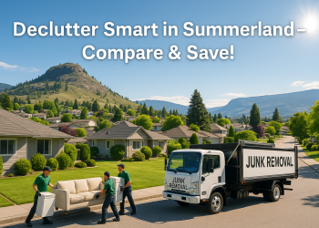 Professional junk removal team clearing furniture in a sunny Summerland neighborhood with Giant’s Head Mountain in the background.