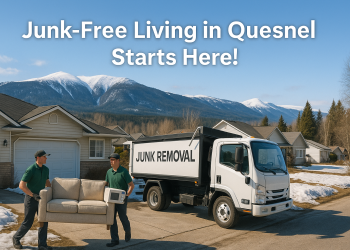 Junk removal team clearing household items in a clean Quesnel neighborhood with northern BC mountains in the background.