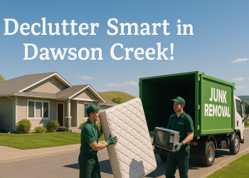 Junk removal workers loading a mattress and electronics into a truck on a quiet Dawson Creek street in springtime.