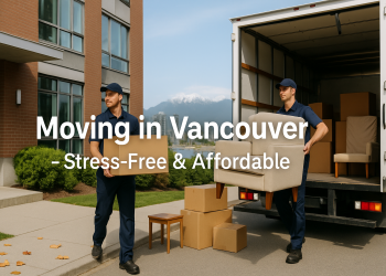 Professional movers working outside a Vancouver high-rise, with boxes and furniture being loaded into a truck, cityscape and mountains in the background.