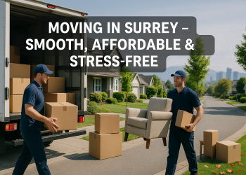 Professional movers working outside a Surrey home, loading a truck with boxes and furniture, with a friendly and organized vibe.