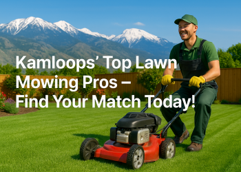 Lawn care professional mowing a green backyard with Kamloops mountains in the background.”
