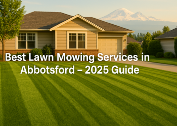 A perfectly mowed Abbotsford lawn with clear stripes and Mount Baker in the distance, symbolizing professional lawn care services