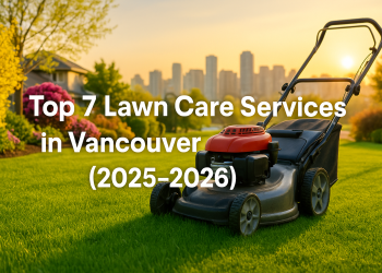 Well-manicured Vancouver lawn with mower and city skyline at sunrise, blog headline overlay