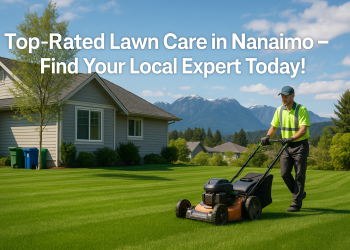 Professional lawn mowing service working on a pristine green lawn in Nanaimo with mountain views in the background.