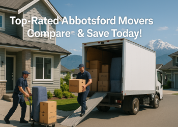 Moving crew unloading boxes from a truck in front of a Chilliwack house with Fraser Valley mountains, blog title overlay.