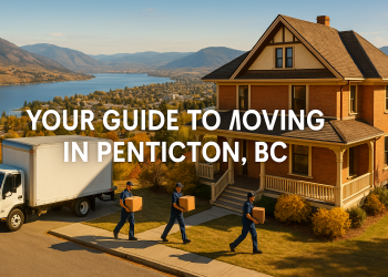 Scenic view of Penticton, BC, with lakes, a moving truck, and movers carrying boxes near a heritage home.