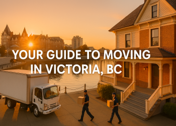 Scenic Victoria Inner Harbour with a moving truck and movers carrying boxes near heritage buildings and condos