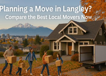 A family moving into a Langley home with a truck in the driveway and mountain scenery in the background, symbolizing relocation to the Fraser Valley