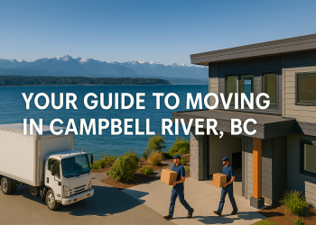 Scenic view of Campbell River with ocean, mountains, and movers unloading boxes from a truck near a house