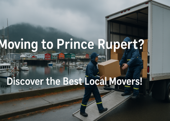 Moving truck and crew unloading near Prince Rupert’s waterfront on a misty morning, symbolizing local relocation with a coastal backdrop.