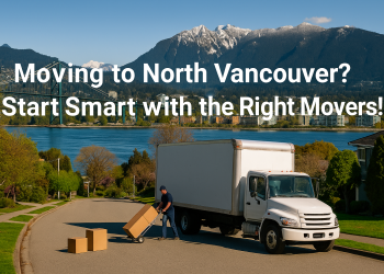 A moving truck parked on a North Vancouver street with the Lions Gate Bridge and mountains in the background, symbolizing a move to this beautiful BC city