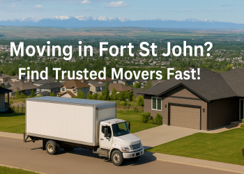 A moving truck in a quiet Fort St John neighborhood, with mountains and residential houses in the background, symbolizing a smooth local move