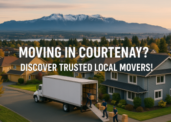 A professional moving truck in a Courtenay neighborhood with the Comox Glacier in the background and movers at work, symbolizing a stress-free relocation in the Comox Valley
