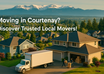 A professional moving truck in a Courtenay neighborhood with the Comox Glacier in the background and movers at work, symbolizing a stress-free relocation in the Comox Valley.