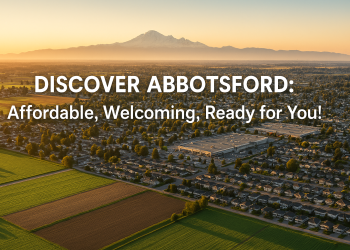Panorama of Abbotsford’s cityscape and farmland at sunrise, highlighting a family-friendly, affordable city setting.