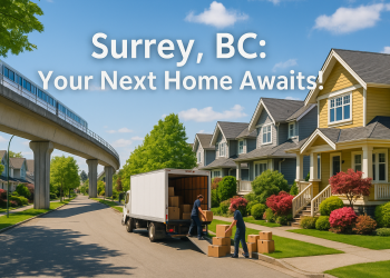 A SkyTrain line running above a clean residential street in Surrey, BC, with movers unloading a truck, capturing city-life convenience and suburban charm.